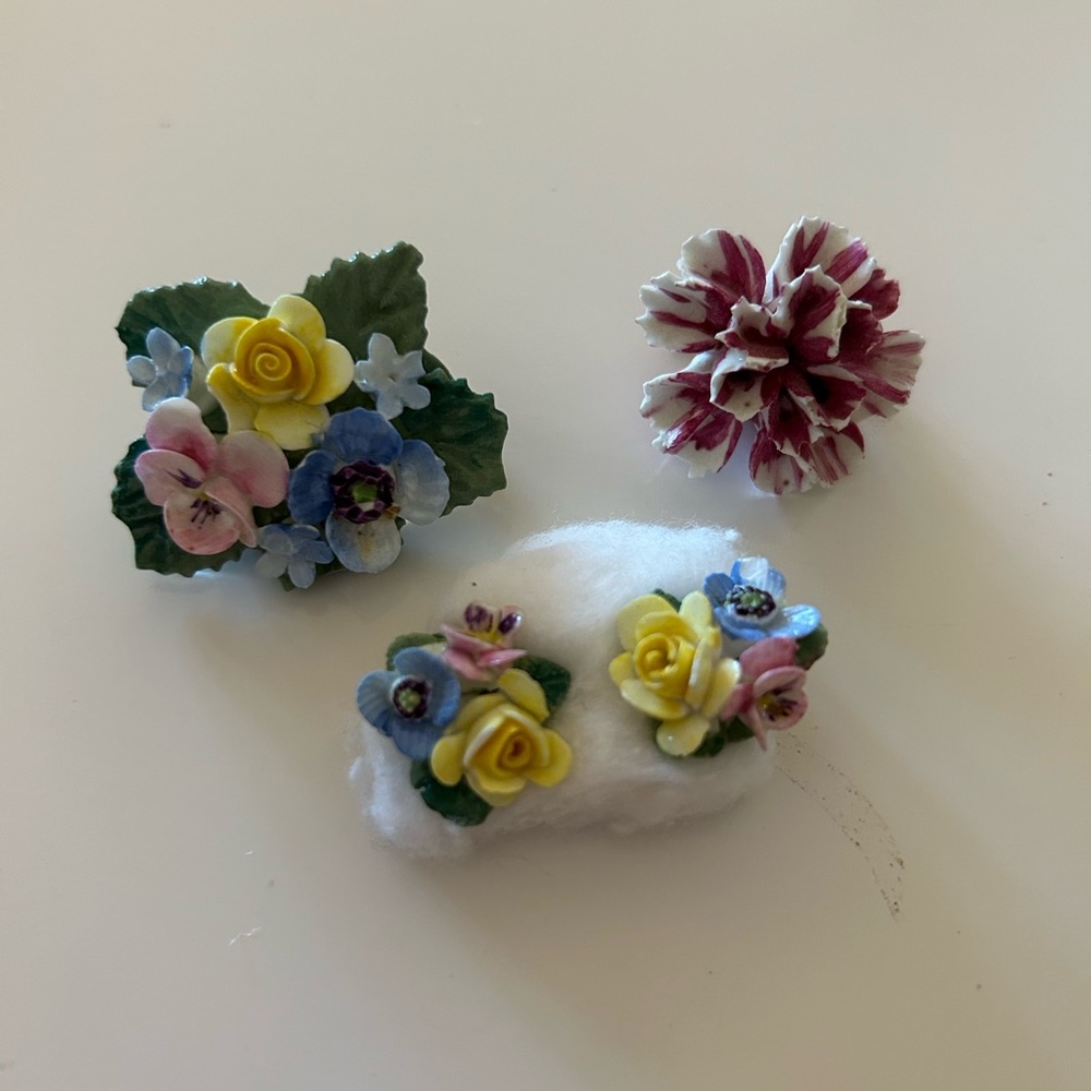 Vtg English Porcelain Staffordshire Floral Jewelry Brooch Earrings Rose As-Is